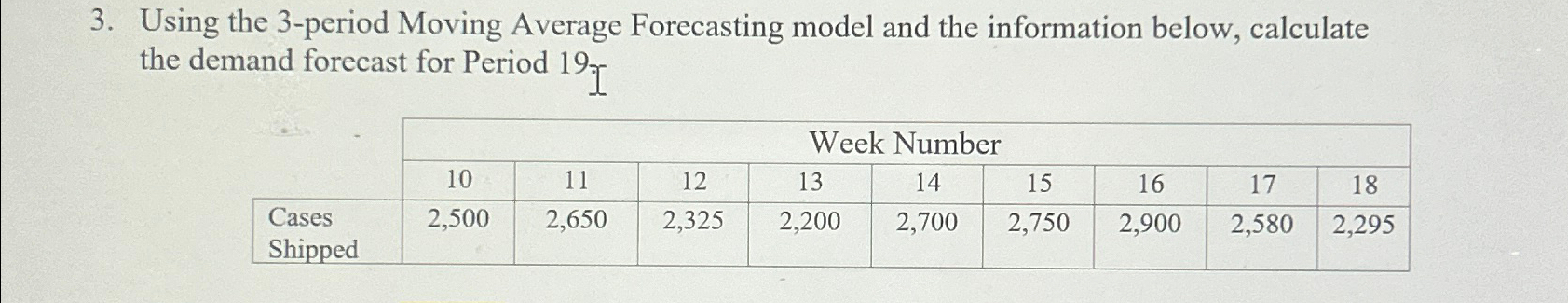 Using the 3-period Moving Average Forecasting model and the information below,