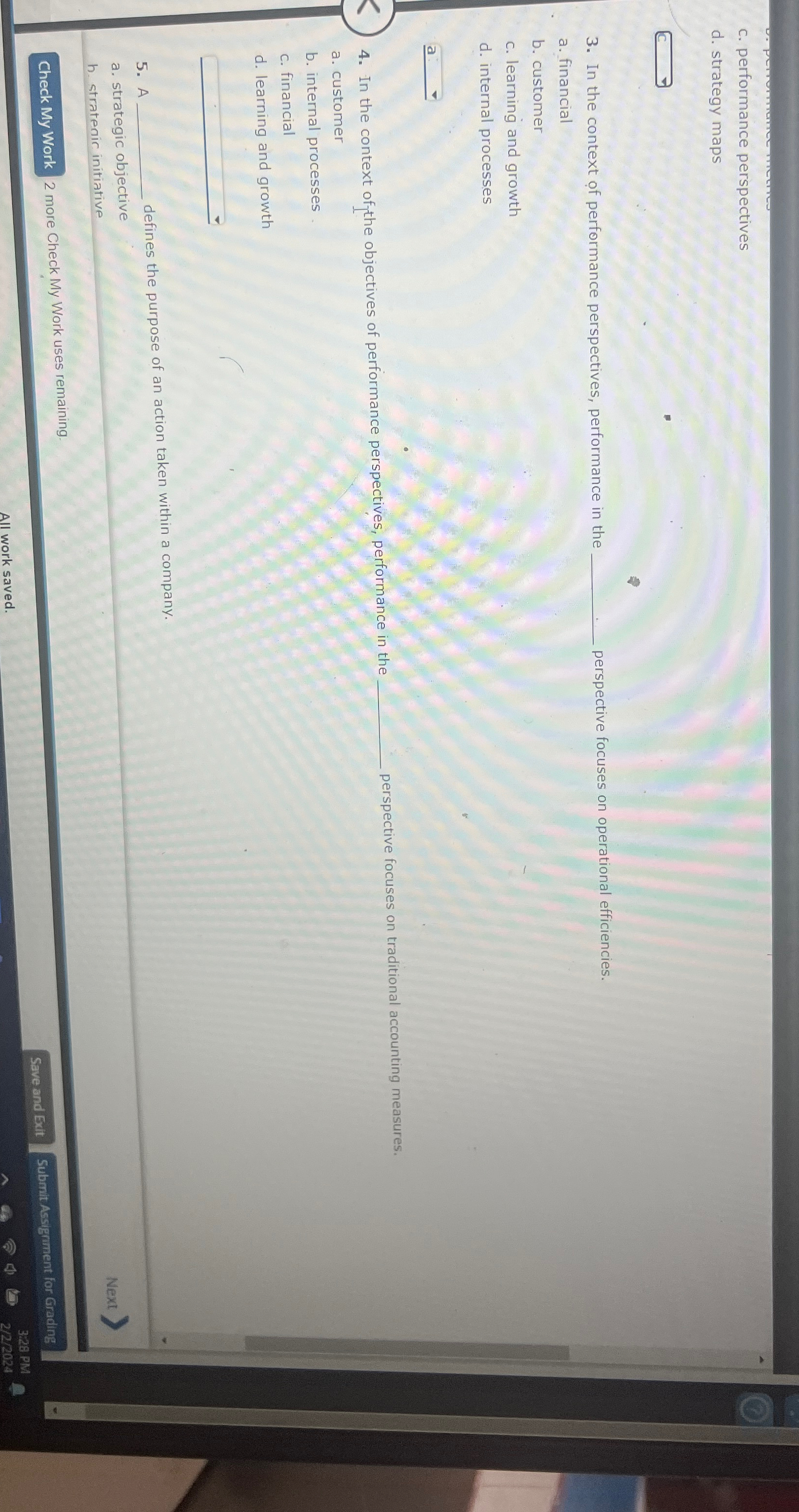  c. performance perspectives d. strategy maps 3. In the context of