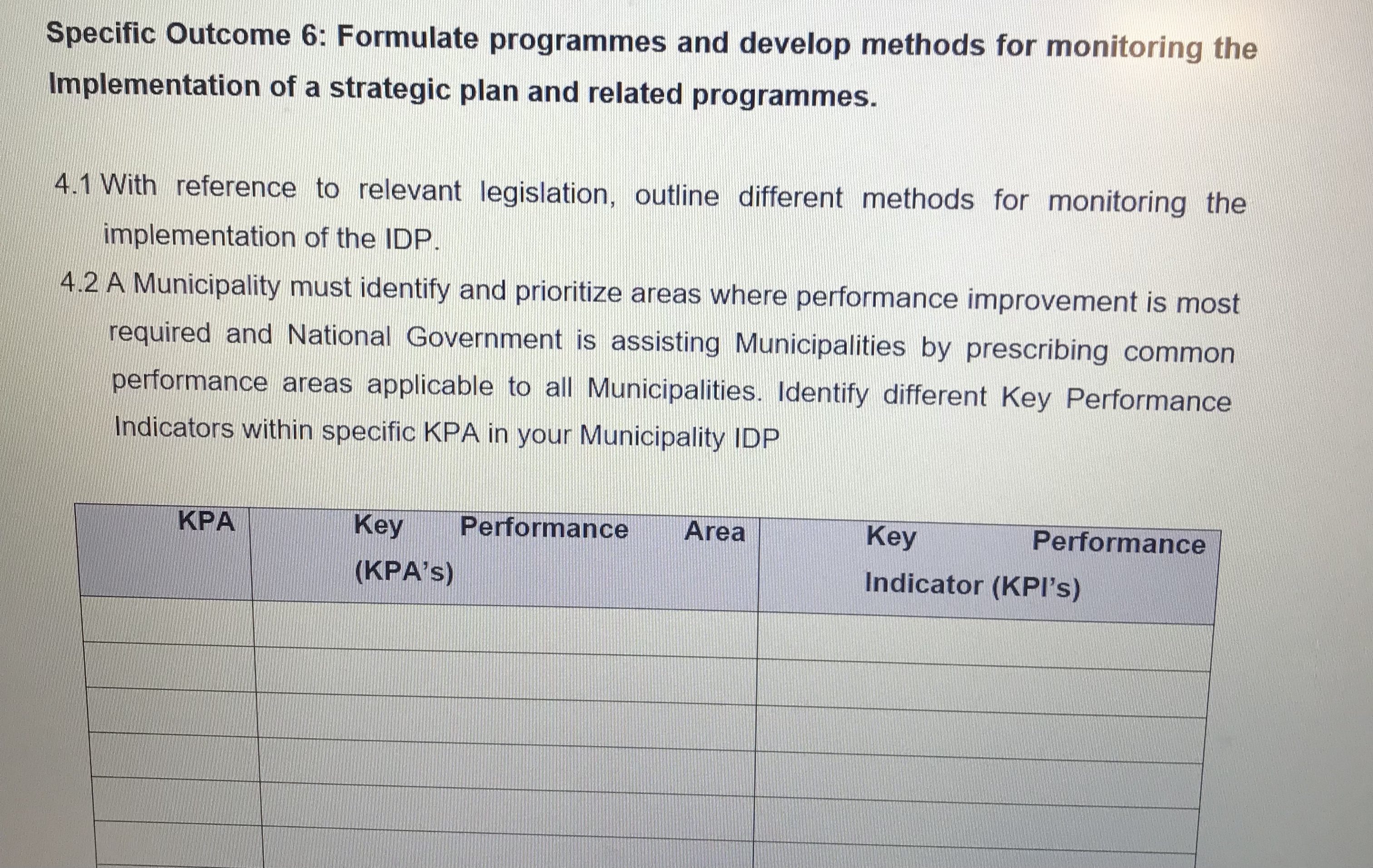  Specific Outcome 6: Formulate programmes and develop methods for monitoring the