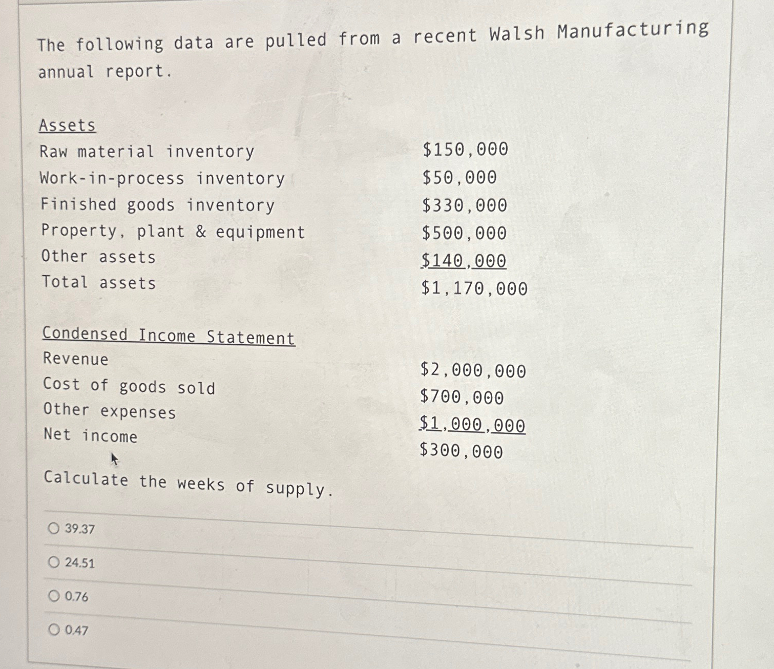  The following data are pulled from a recent Walsh Manufacturing annual