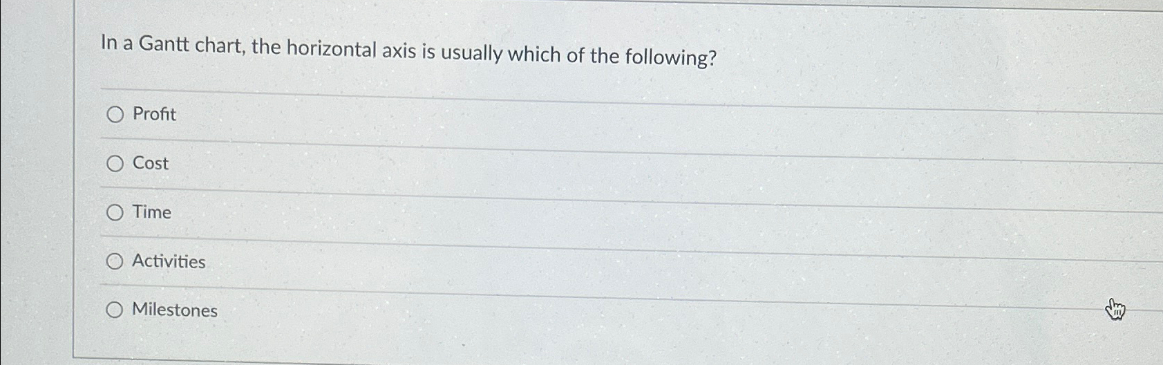  In a Gantt chart, the horizontal axis is usually which of