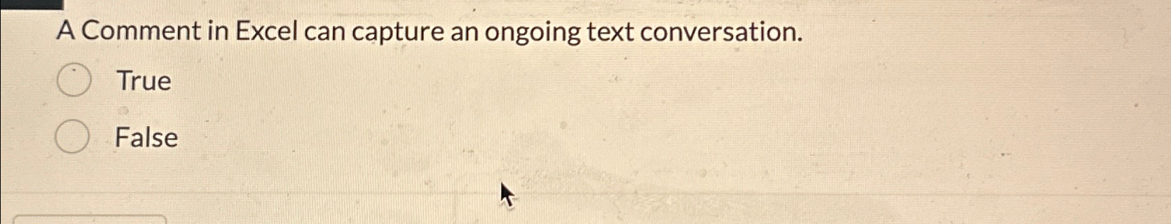  A Comment in Excel can capture an ongoing text conversation. True