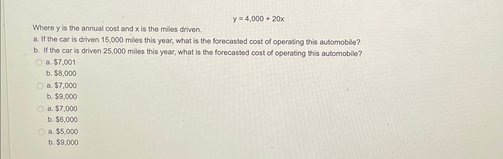  y=4,000+20x Where y is the annual cost and x is the