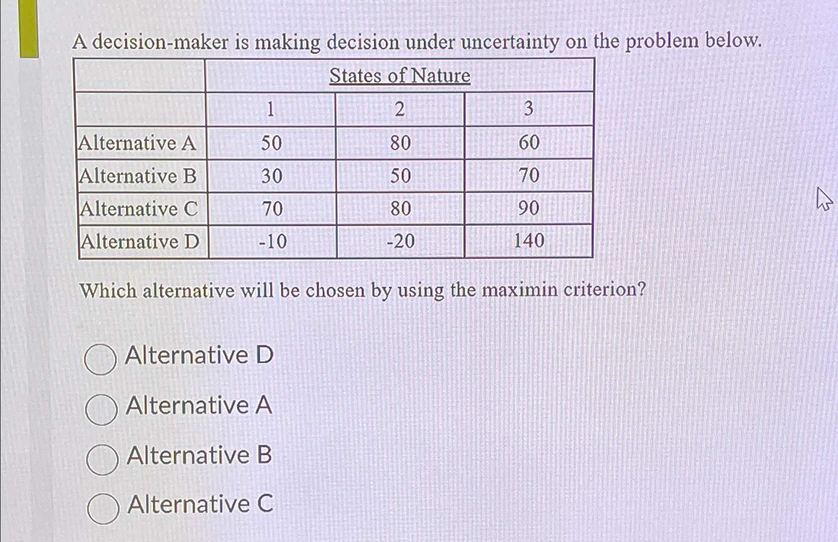  A decision-maker is making decision under uncertainty on the problem below.