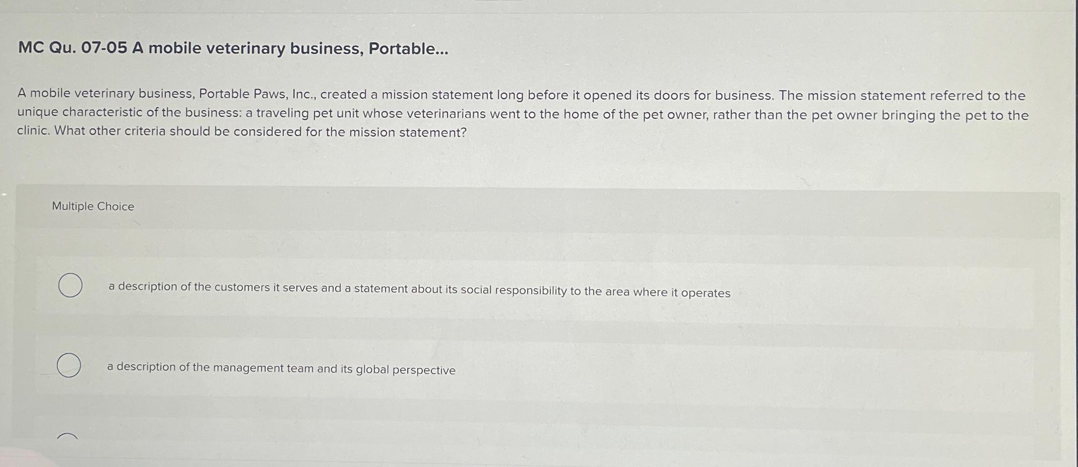  MC Qu.07-05 A mobile veterinary business, Portable... A mobile veterinary business,