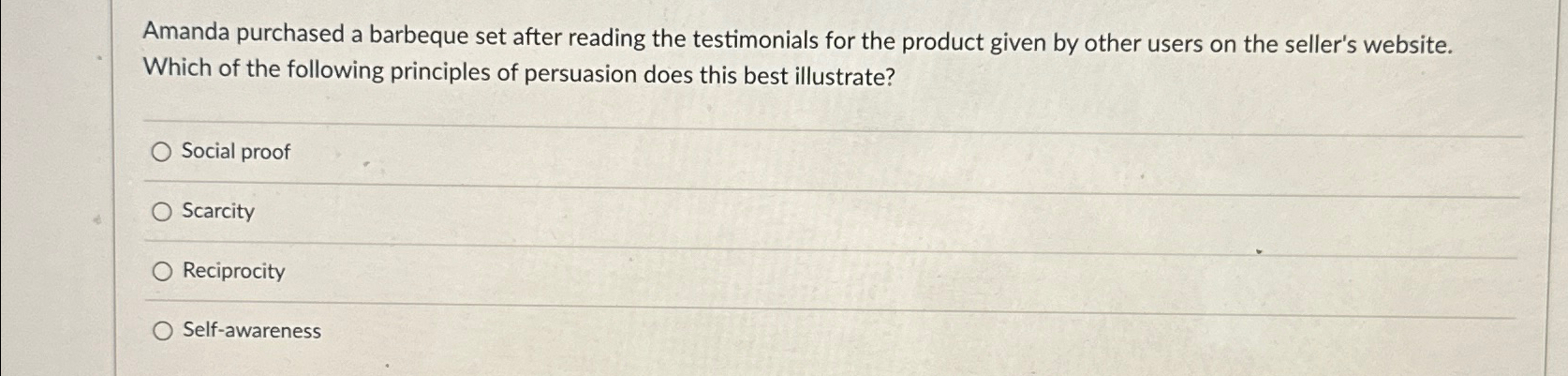  Amanda purchased a barbeque set after reading the testimonials for the