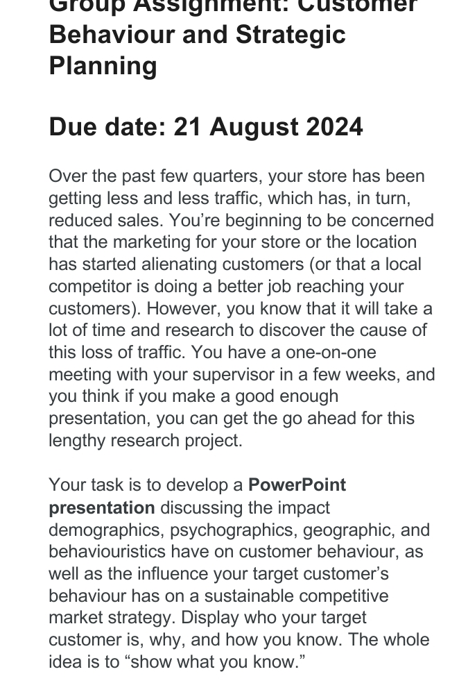  Behaviour and Strategic Planning Due date: 21 August 2024 Over the