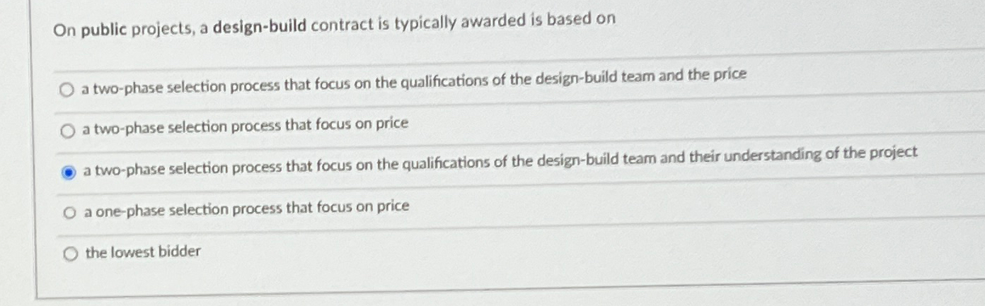  On public projects, a design-build contract is typically awarded is based
