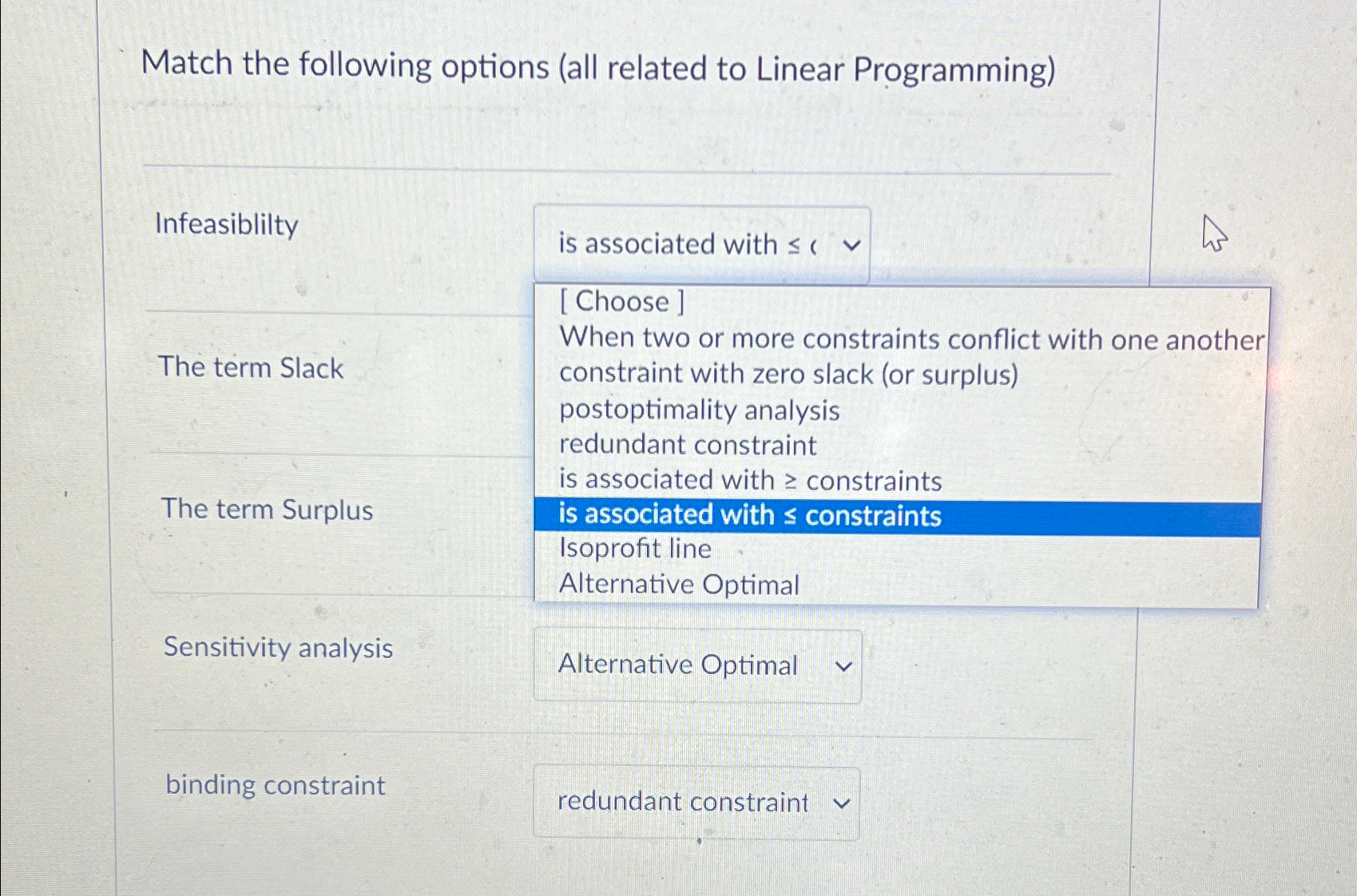  Match the following options (all related to Linear Programming) Infeasiblilty The