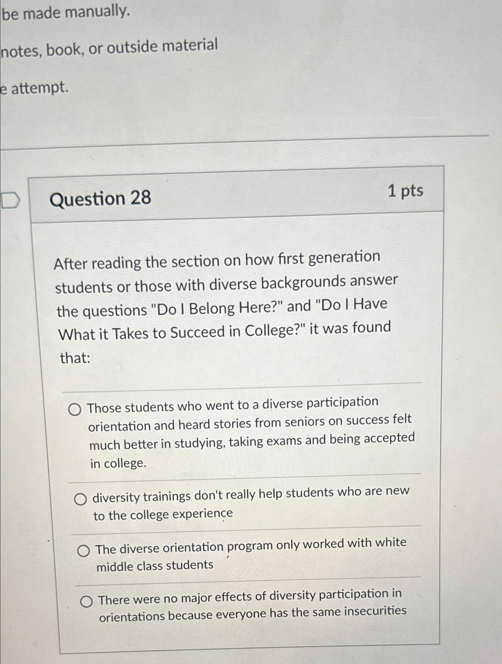  be made manually. notes, book, or outside material e attempt. Question