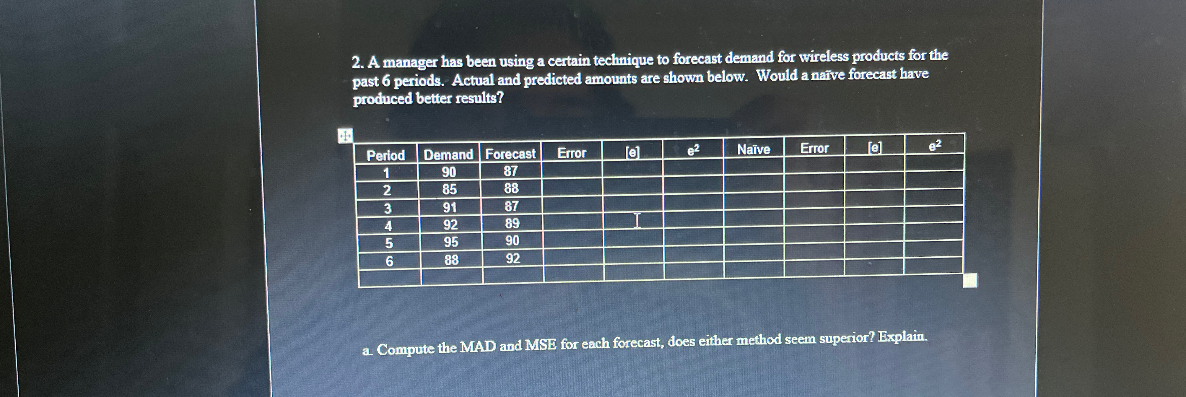  A manager has been using a certain technique to forecast demand