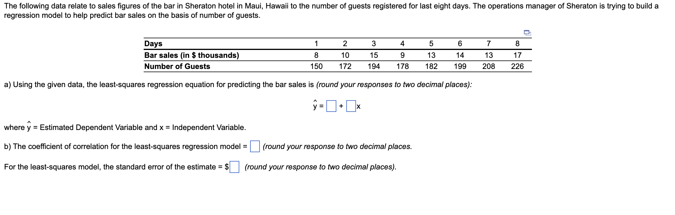 y^=+x where y^= Estimated Dependent Variable and x= Independent Variable. b)