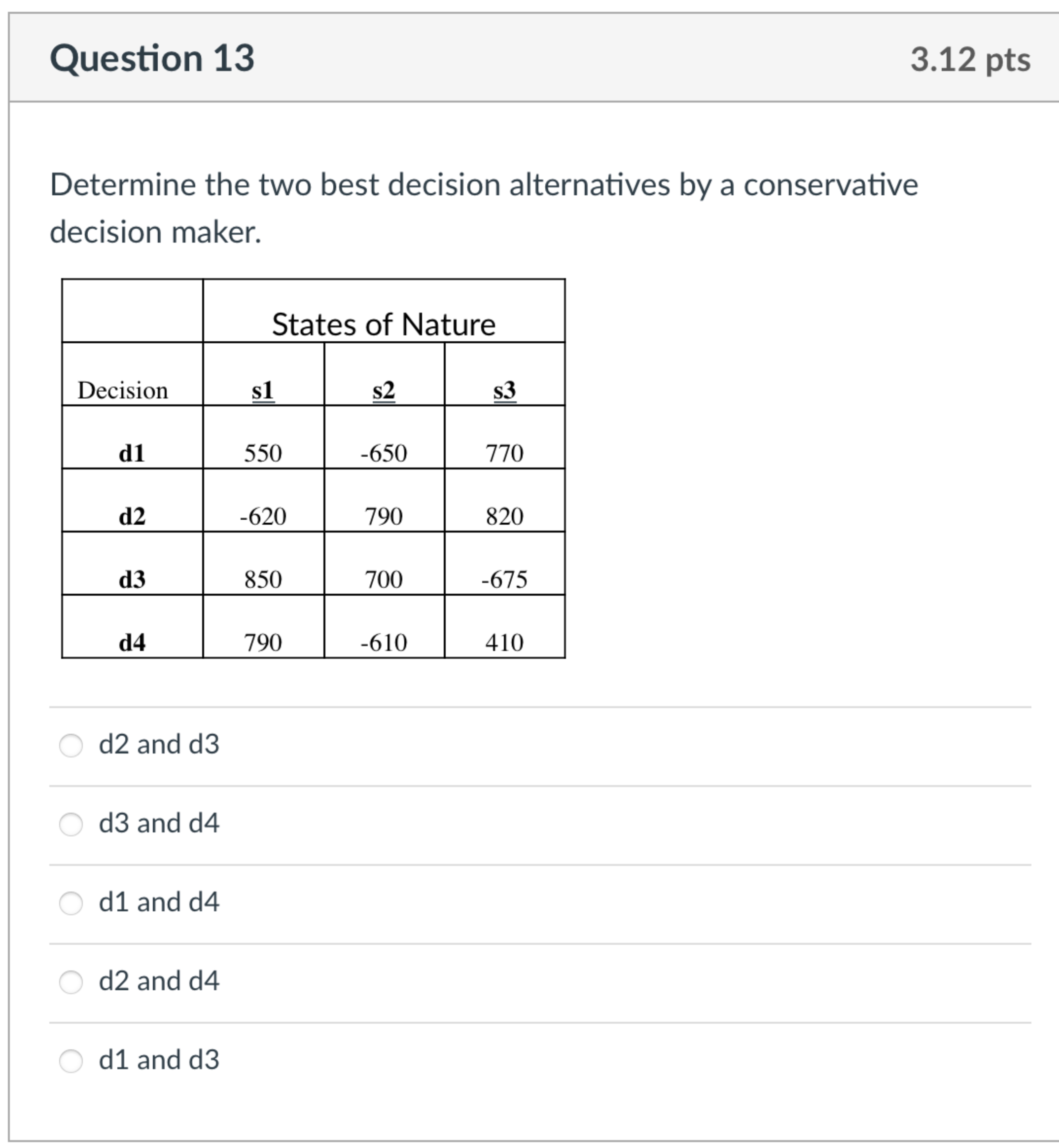  Question 13 Determine the two best decision alternatives by a conservative