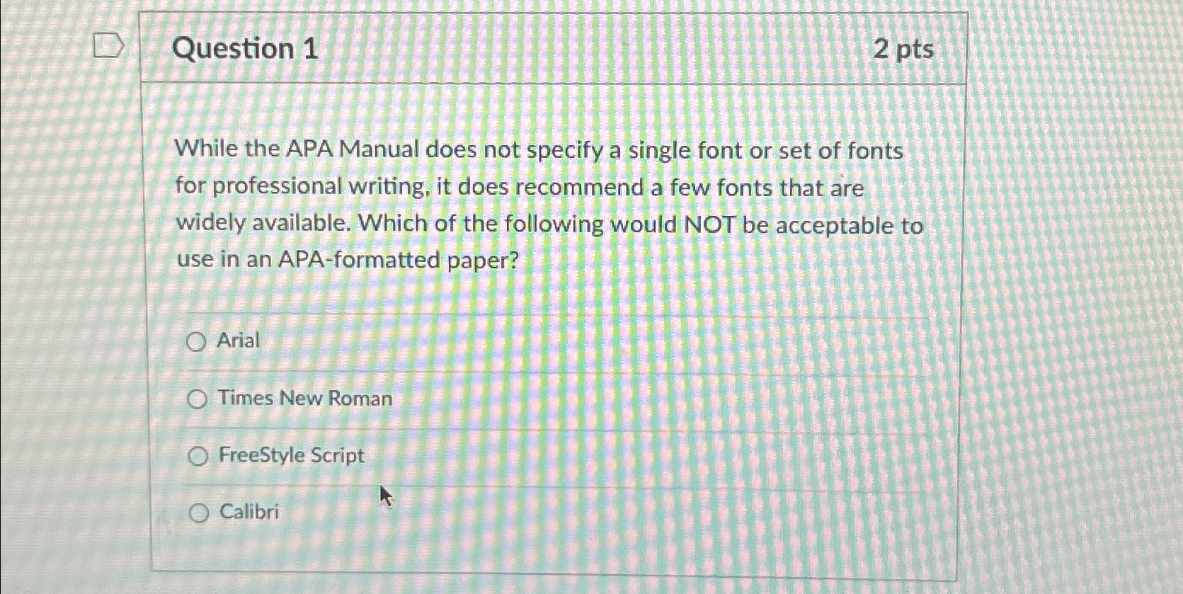  Question 1 2pts While the APA Manual does not specify a
