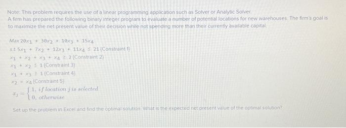  Note: This problem requires the use of a linear programming application