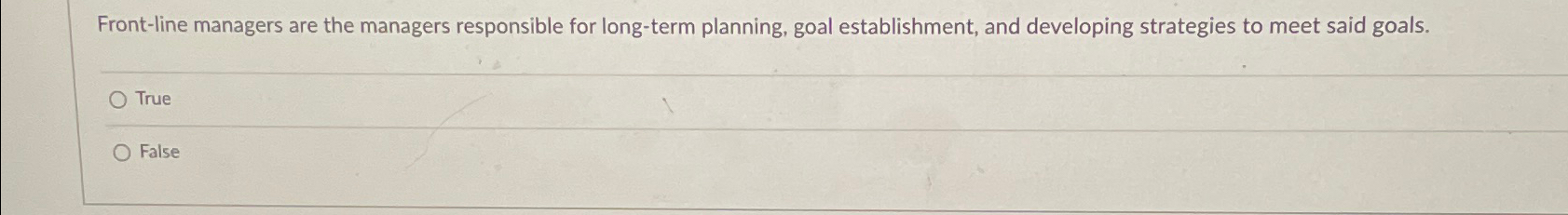  Front-line managers are the managers responsible for long-term planning, goal establishment,