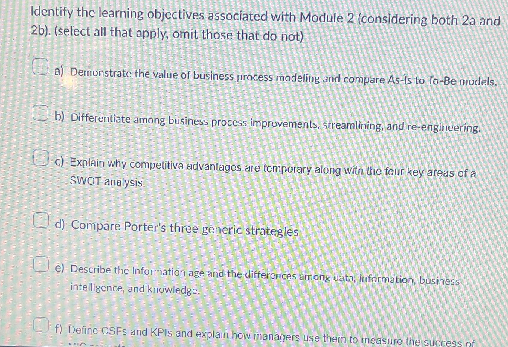  Identify the learning objectives associated with Module 2(considering both 2a and