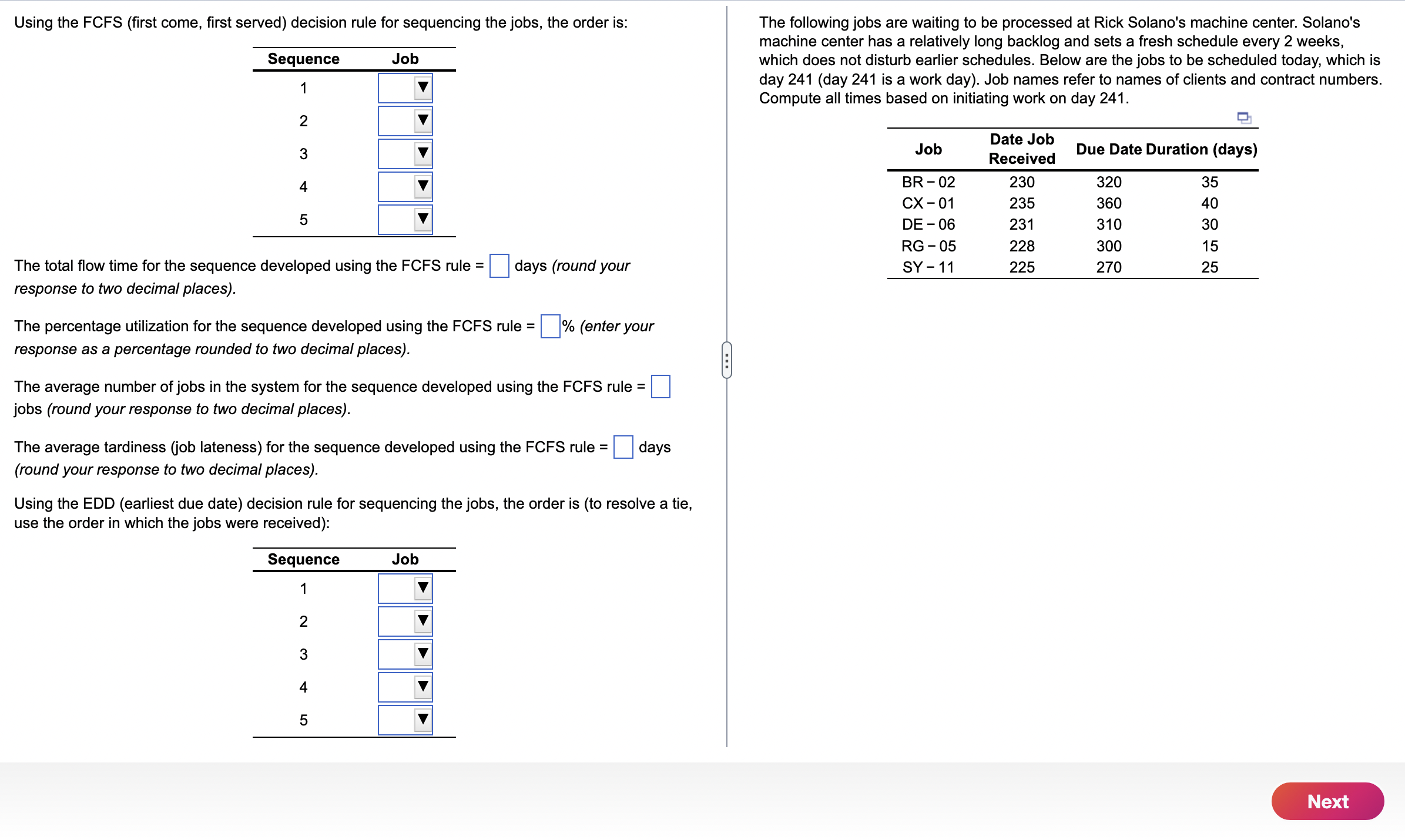  Using the FCFS (first come, first served) decision rule for sequencing