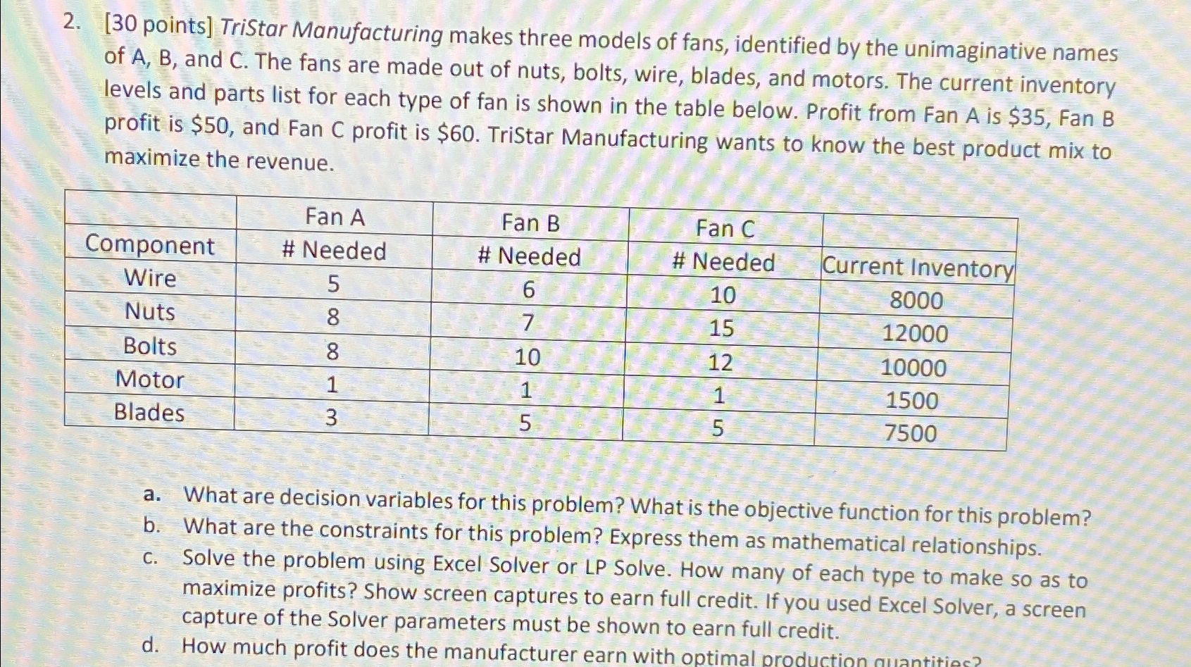  [30 points] TriStar Manufacturing makes three models of fans, identified by