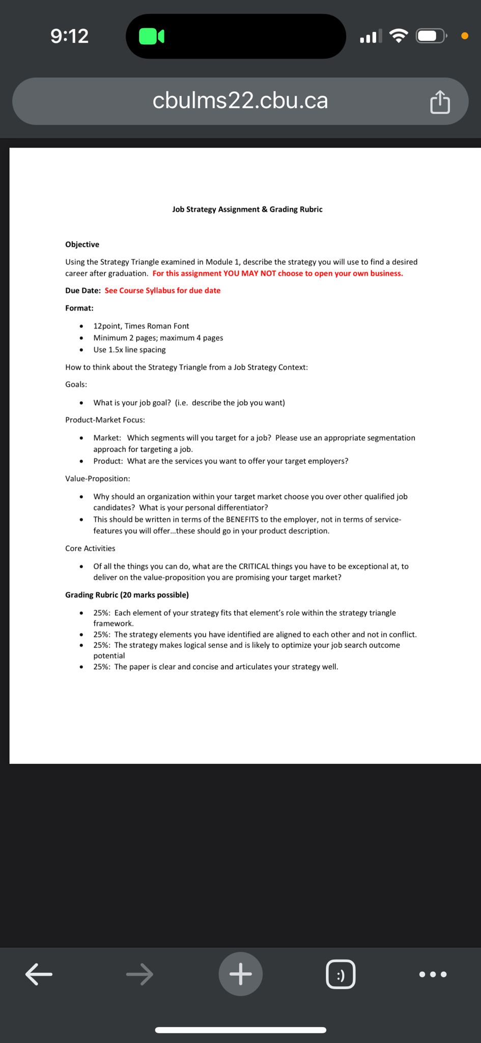  Job Strategy Assignment & Grading Rubric Objective Using the Strategy Triangle