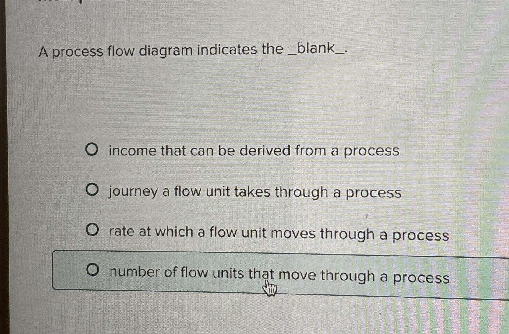 A process flow diagram indicates the_blank_. income that can be derived