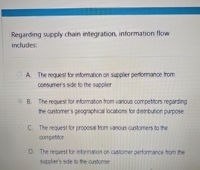  Regarding supply chain integration, information flowincludes:OA. The request for information on