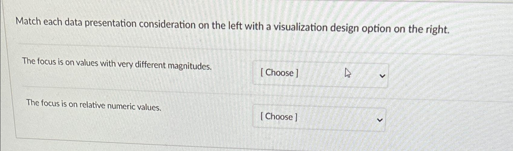  Match each data presentation consideration on the left with a visualization