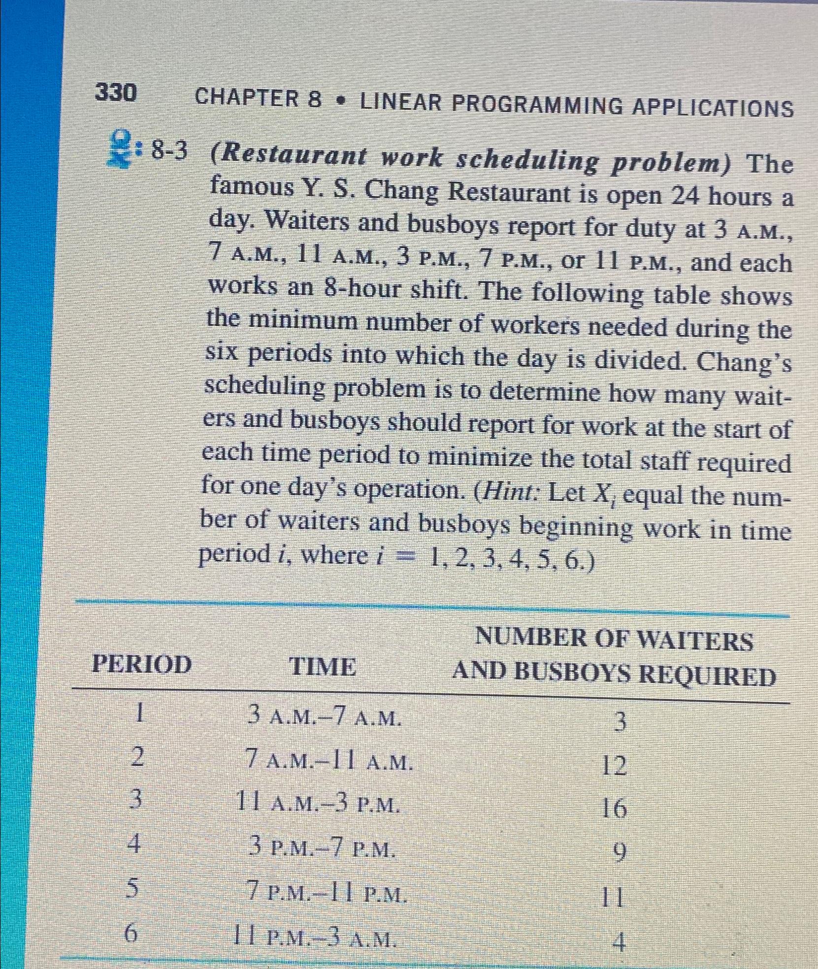  330 CHAPTER 8* LINEAR PROGRAMMING APPLICATIONS 8-3(Restaurant work scheduling problem) The