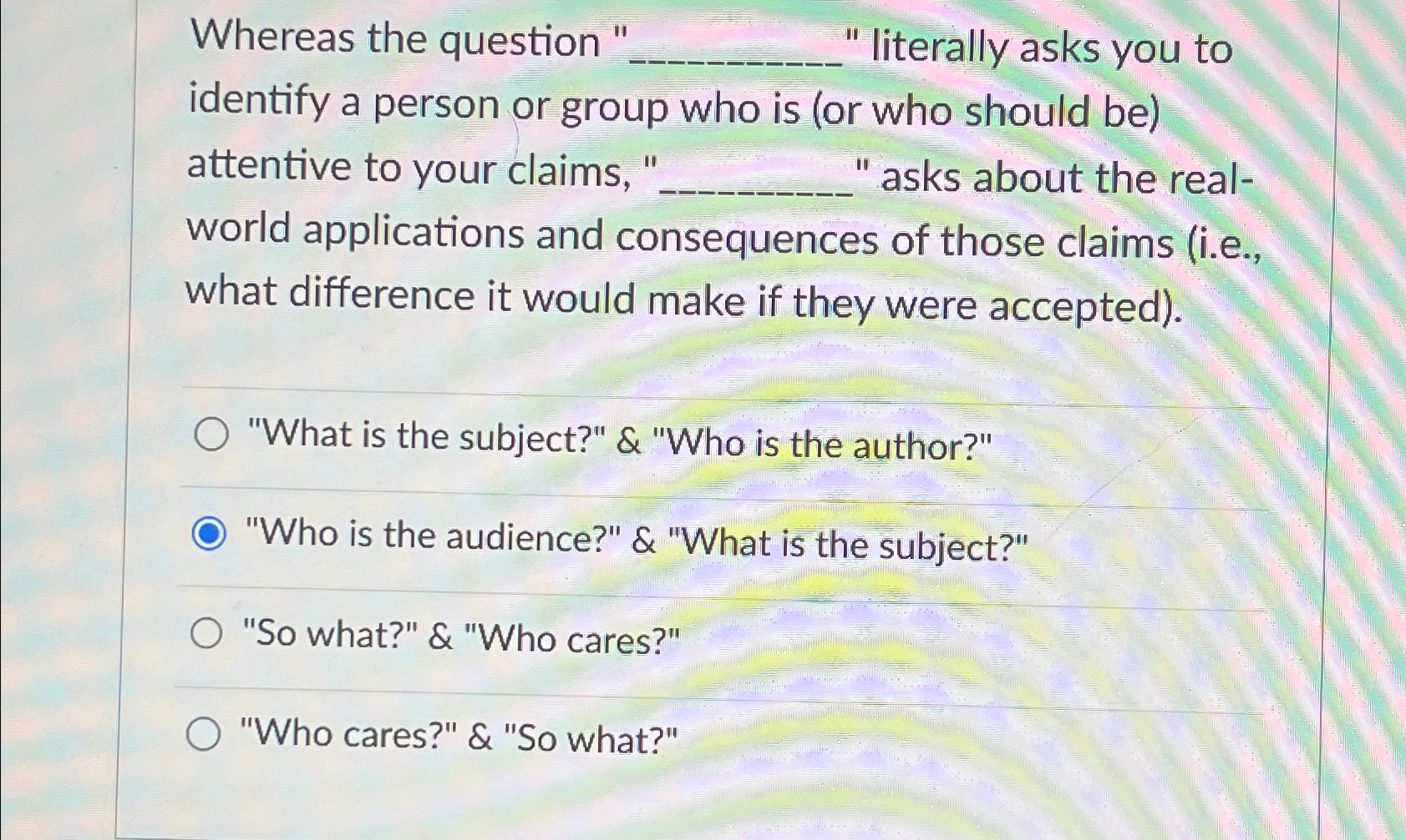  Whereas the question "" literally asks you to identify a person