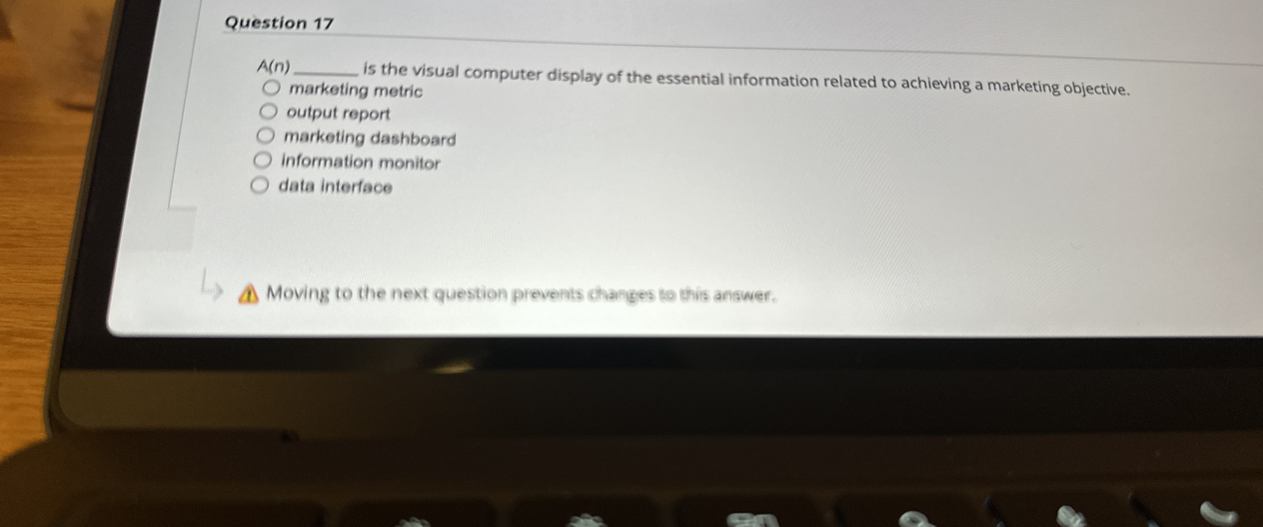  Question 17 A(n) is the visual computer display of the essential
