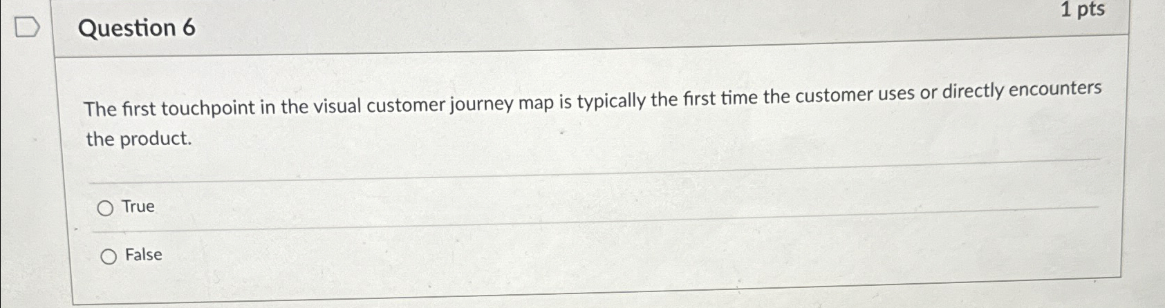  Question 6 1 pts The first touchpoint in the visual customer