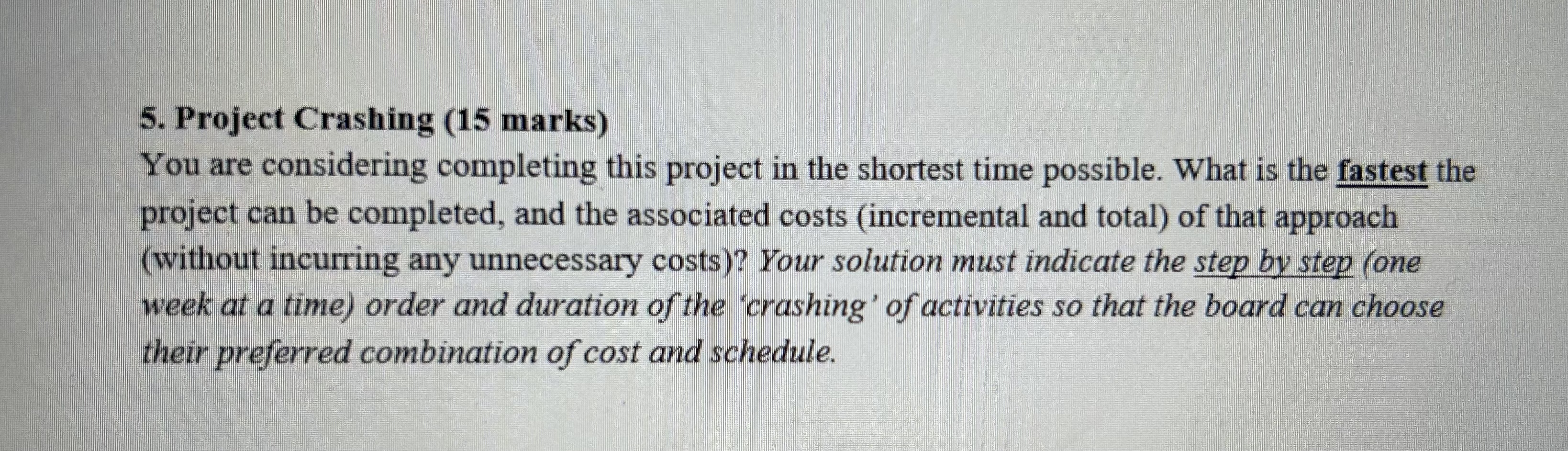  Project Crashing (15 marks) You are considering completing this project in