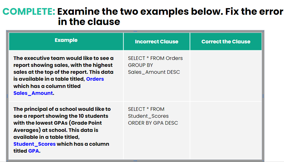  COMPLETE: Examine the two examples below. Fix the error in the