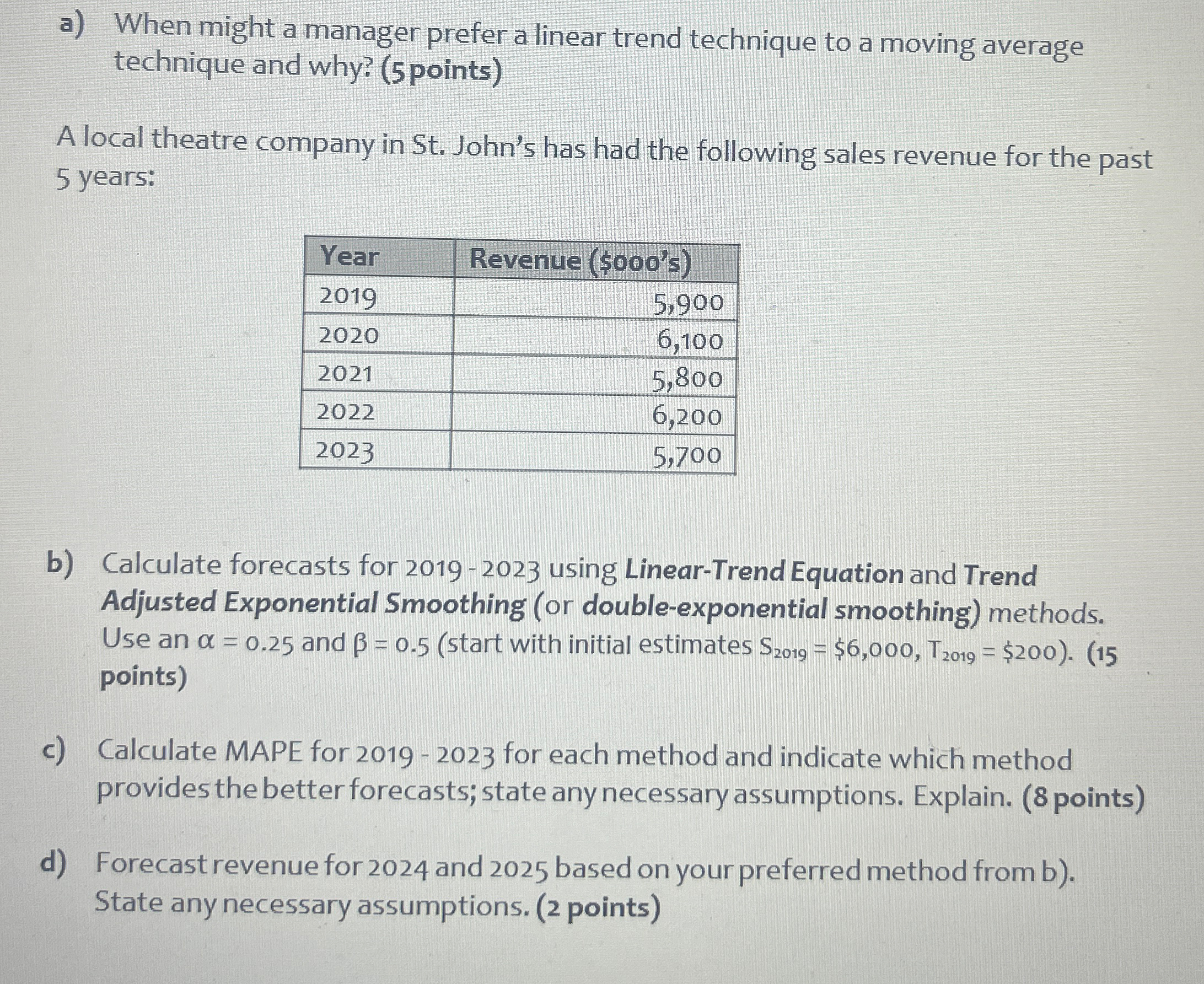  a) When might a manager prefer a linear trend technique to