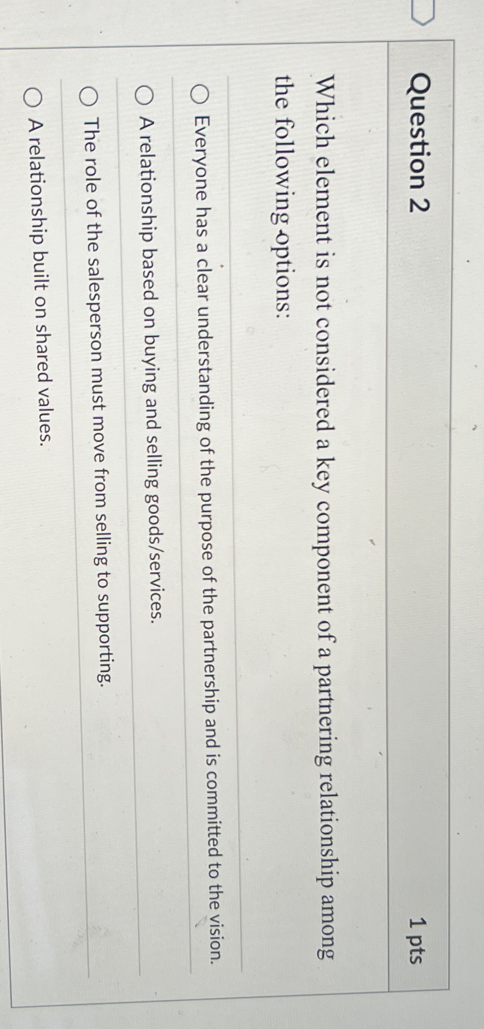  Question 2 1pts Which element is not considered a key component