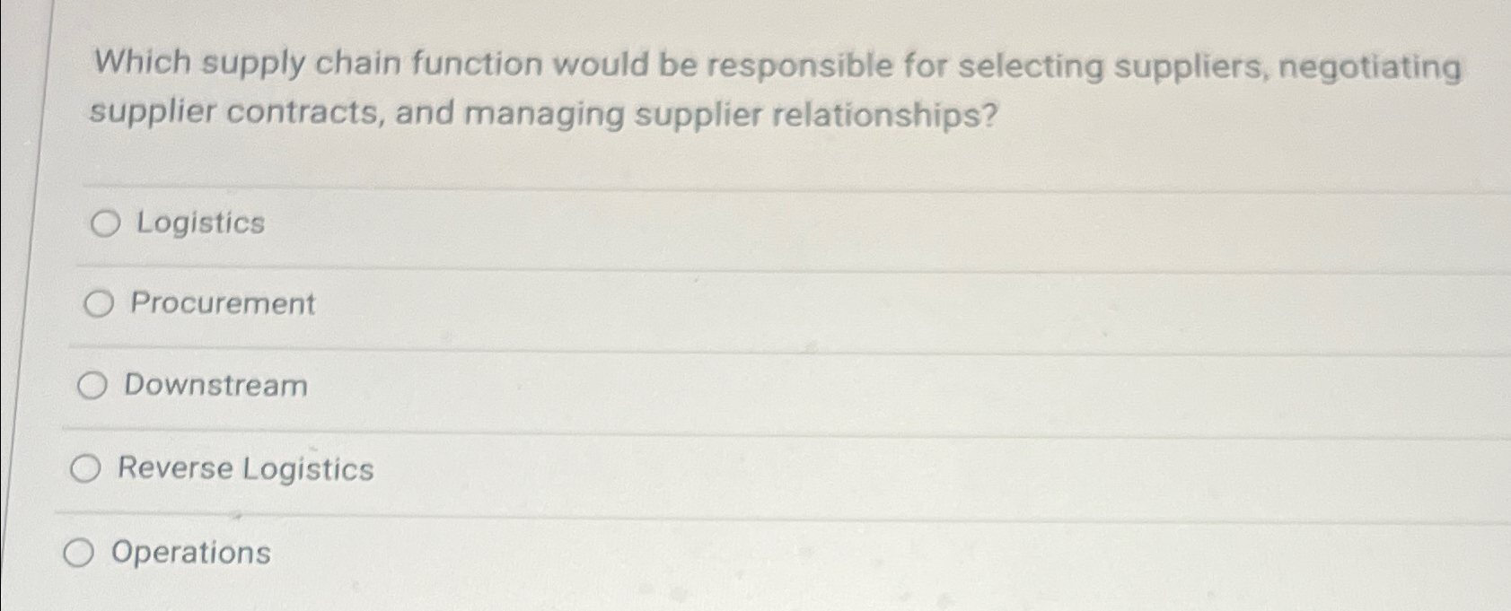  Which supply chain function would be responsible for selecting suppliers, negotiating