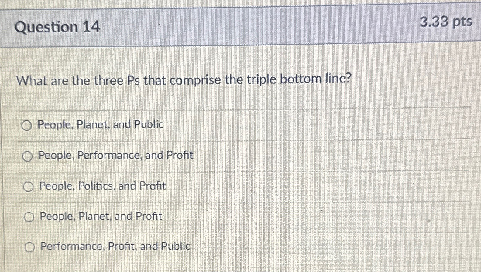  Question 14 3.33pts What are the three Ps that comprise the