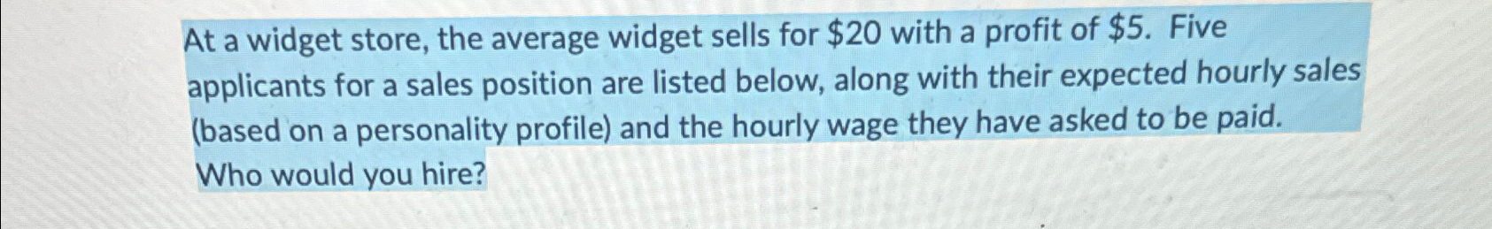  At a widget store, the average widget sells for $20 with