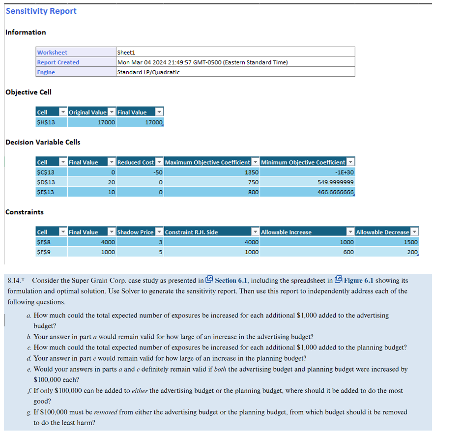  Sensitivity Report Information Objective Cell Decision Variable Cells Constraints 8.14.* Consider