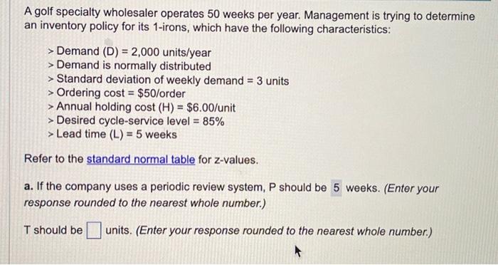 please help with T and with part B A golf specialty wholesaler