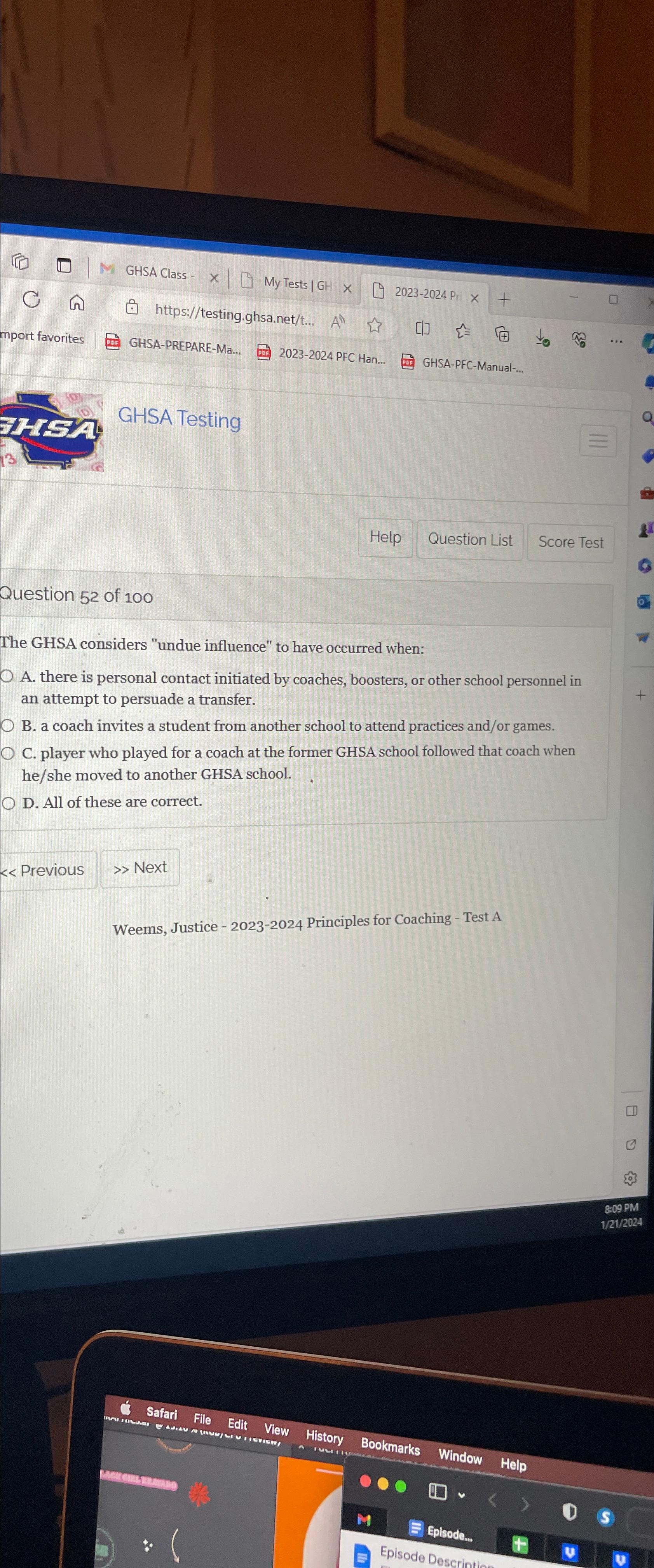  Help Question List Score Test Question 52 of 100 The GHSA
