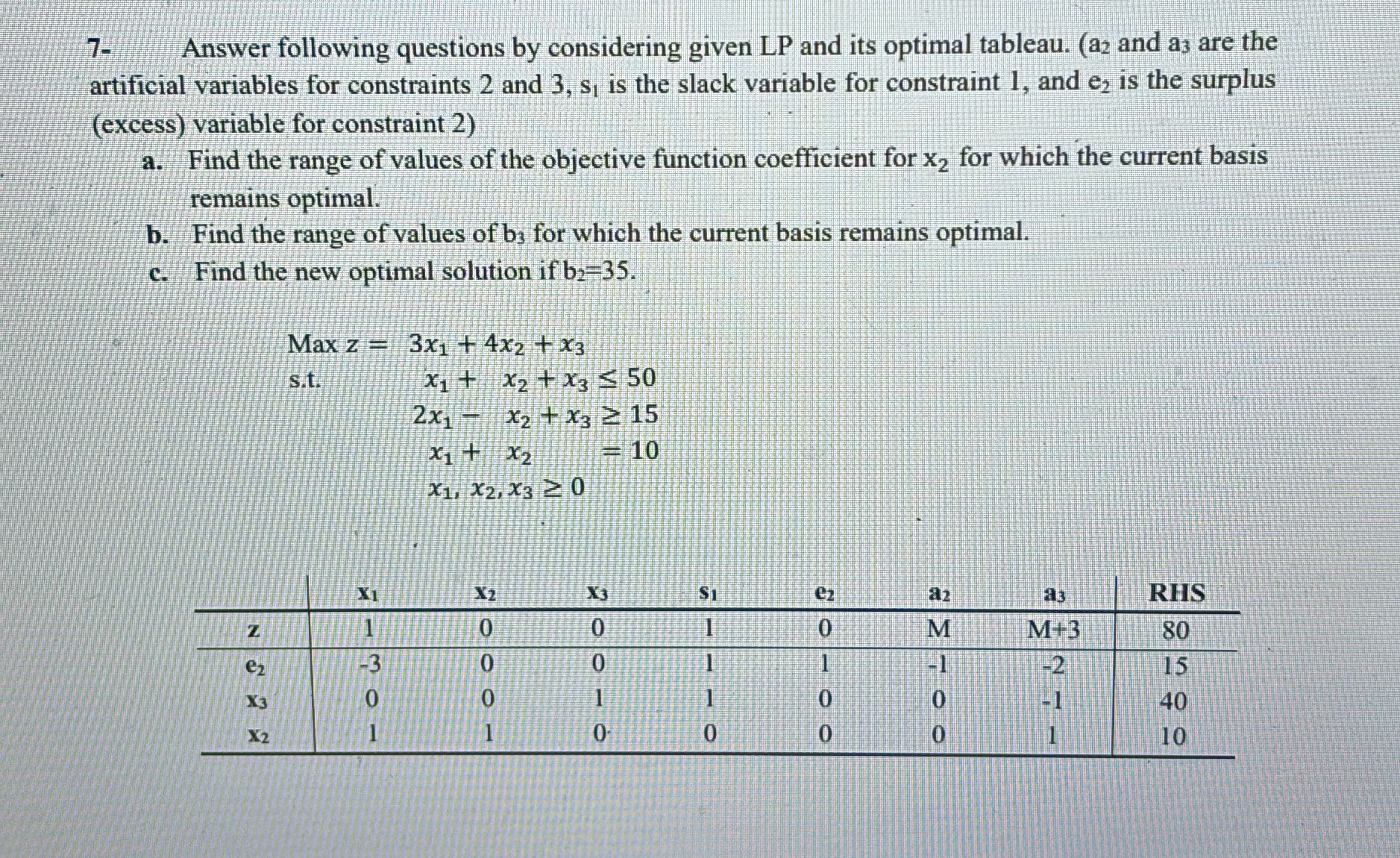  7- Answer following questions by considering given LP and its optimal