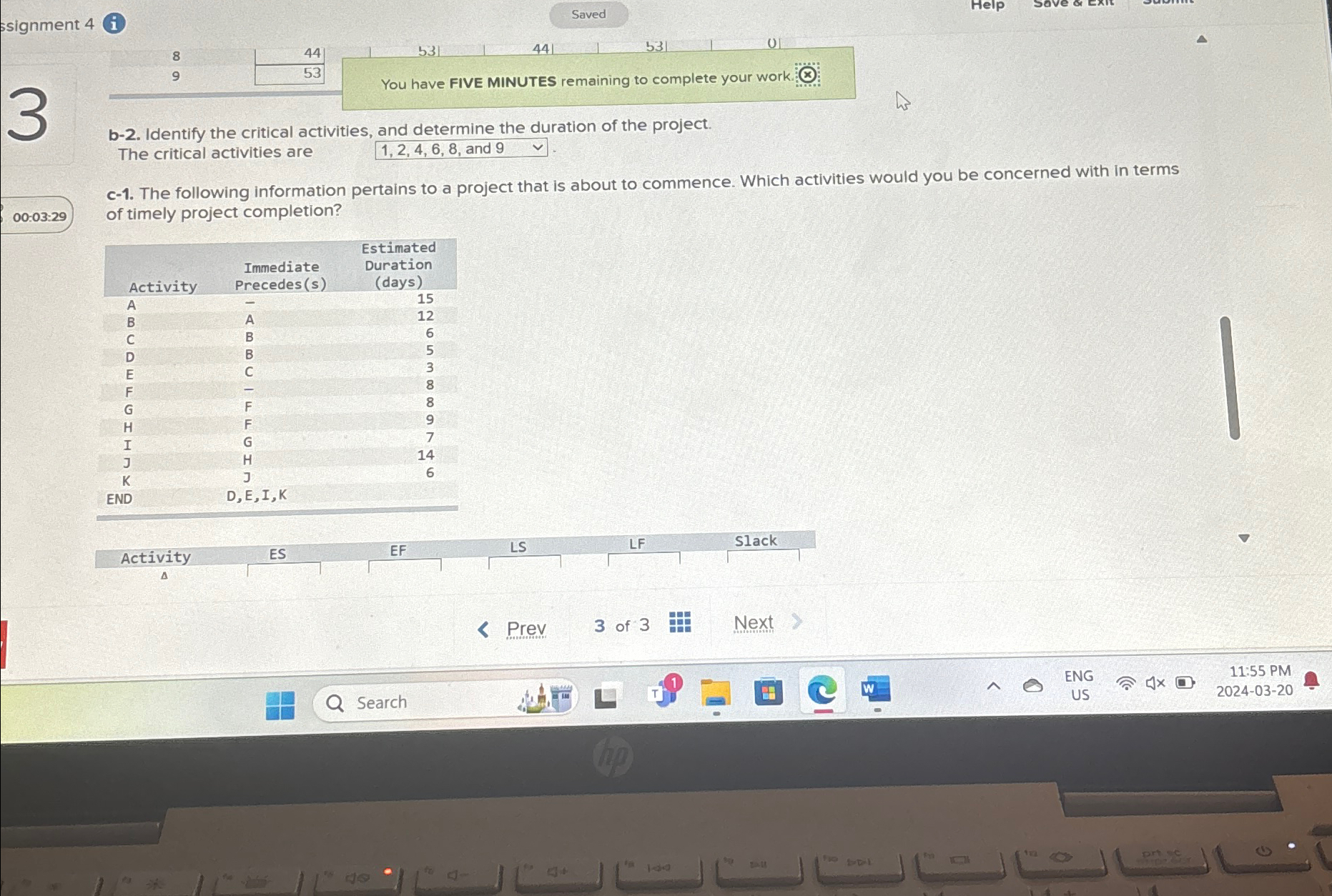  b-2. Identify the critical activities, and determine the duration of the