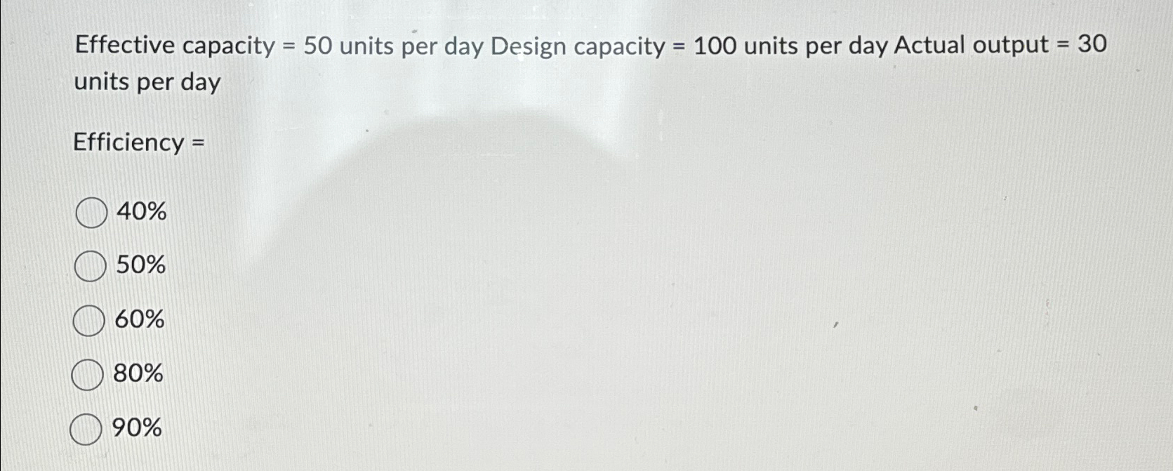  Effective capacity =50 units per day Design capacity =100 units per