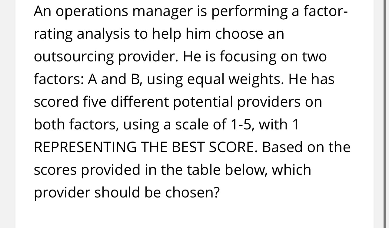  An operations manager is performing a factorrating analysis to help him