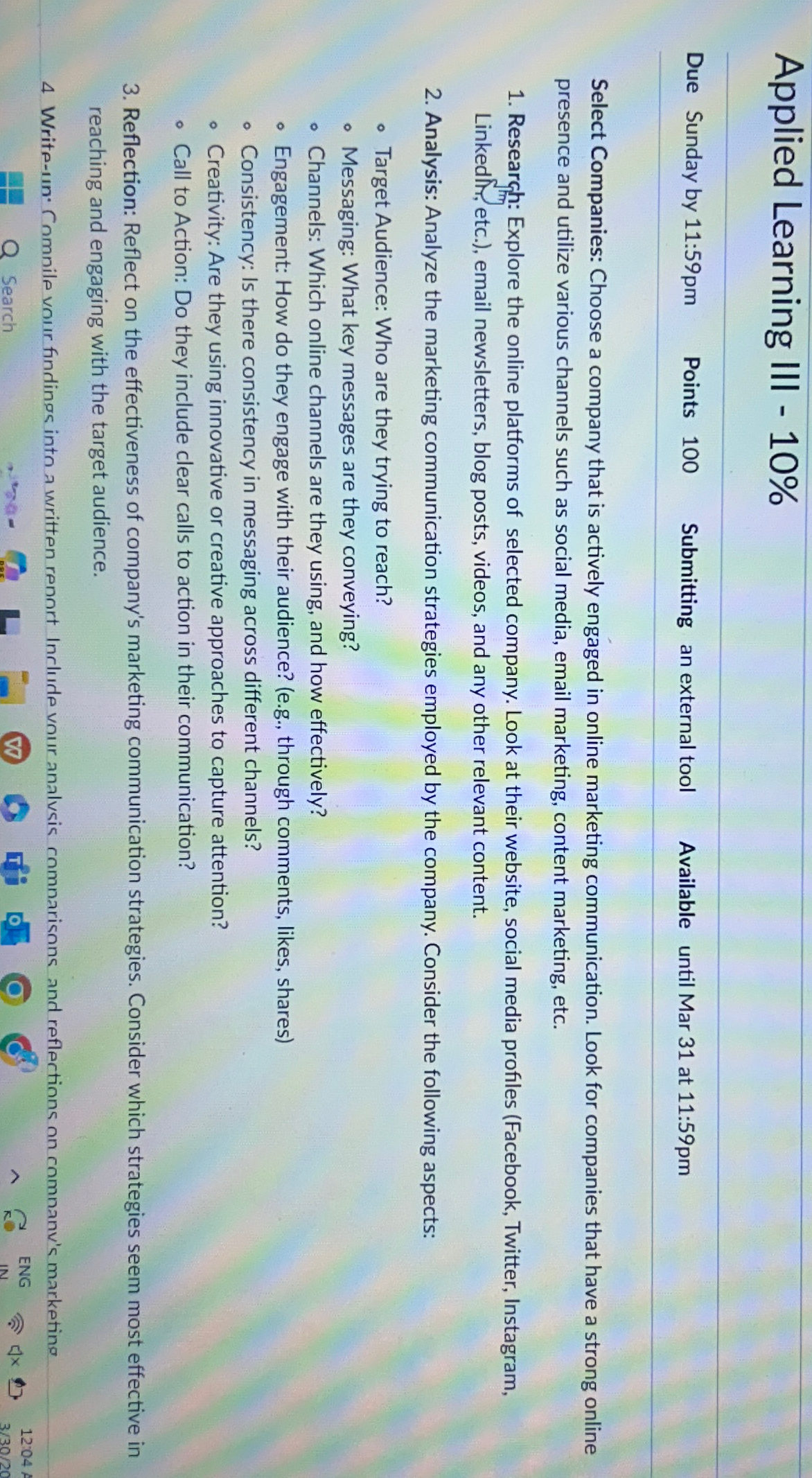  Applied Learning III -10% Due Sunday by 11:59 pm Points 100