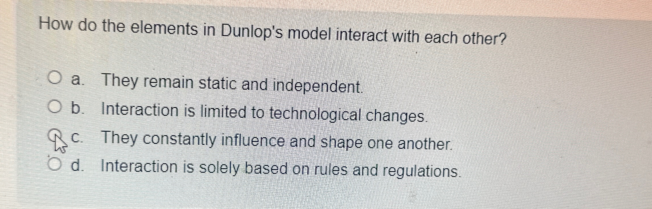  How do the elements in Dunlop's model interact with each other?