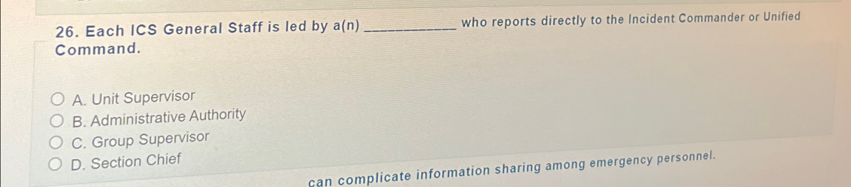  Each ICS General Staff is led by a(n) who reports directly