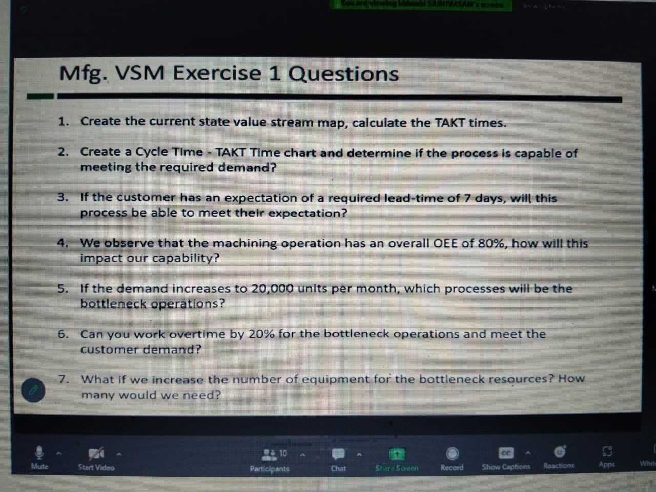 Mfg. VSM Exercise 1 Questions Create the current state value stream