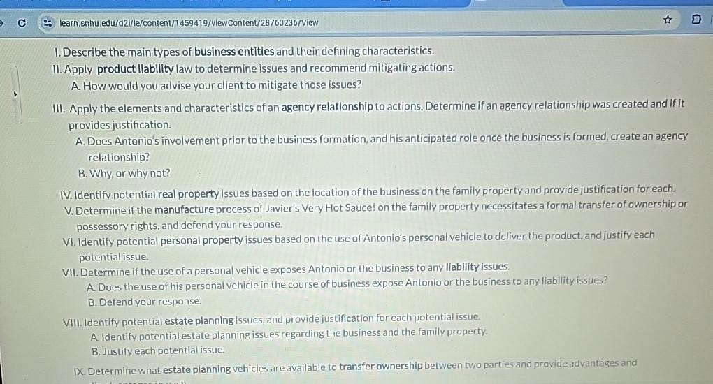 learn.snhu edu/d21/le/content/1459419/viewContent/28760236/View I. Describe the main types of business entities and